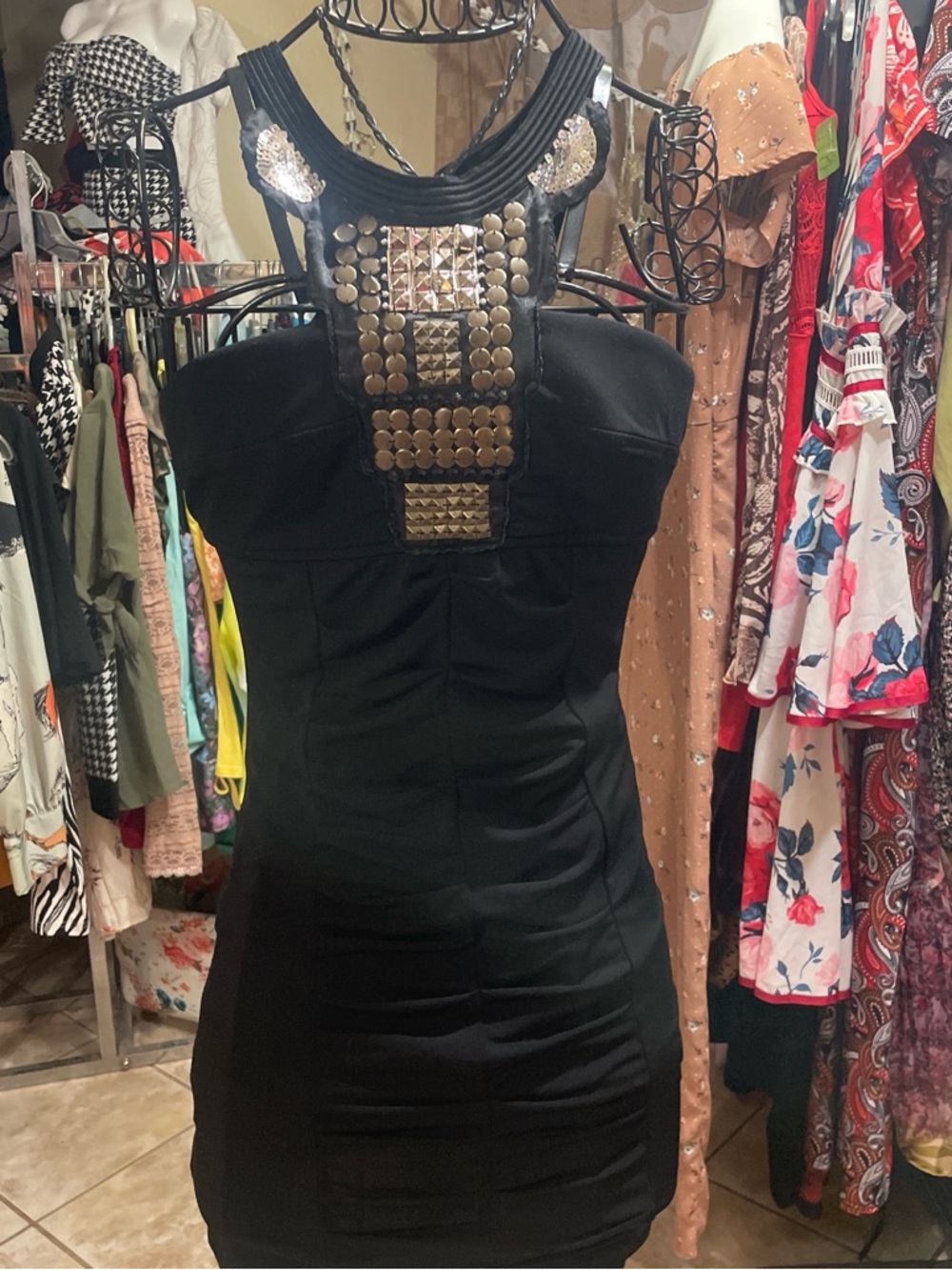 Love Tease Black Studded Mini Dress with Metallic Accents
